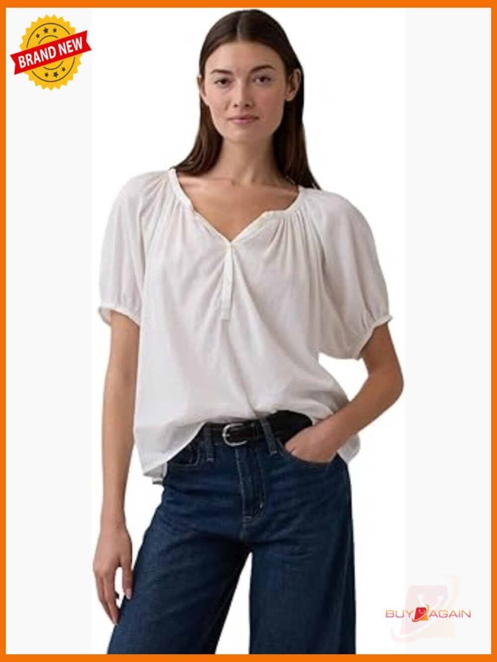 Puff Sleeve Popover Woven Top Regular Fit Short Sleeve Blouse